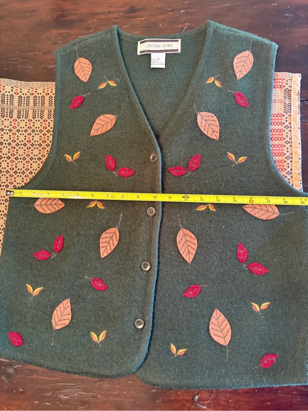 Crystal-Kobe Dark Green Leaf Appliqué Button-Front Sweater Vest #0344 - Picture 6 of 10